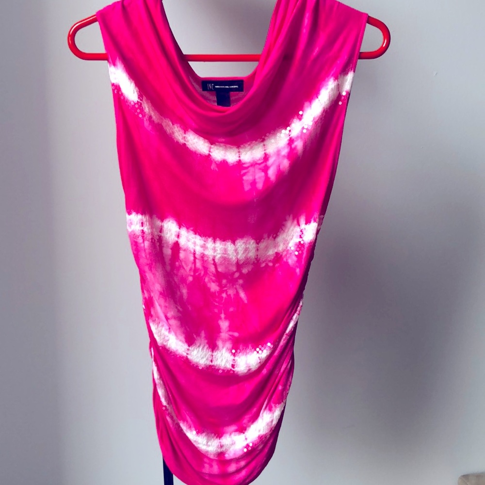 Barbie-pink top, tie dyed, clear sequins